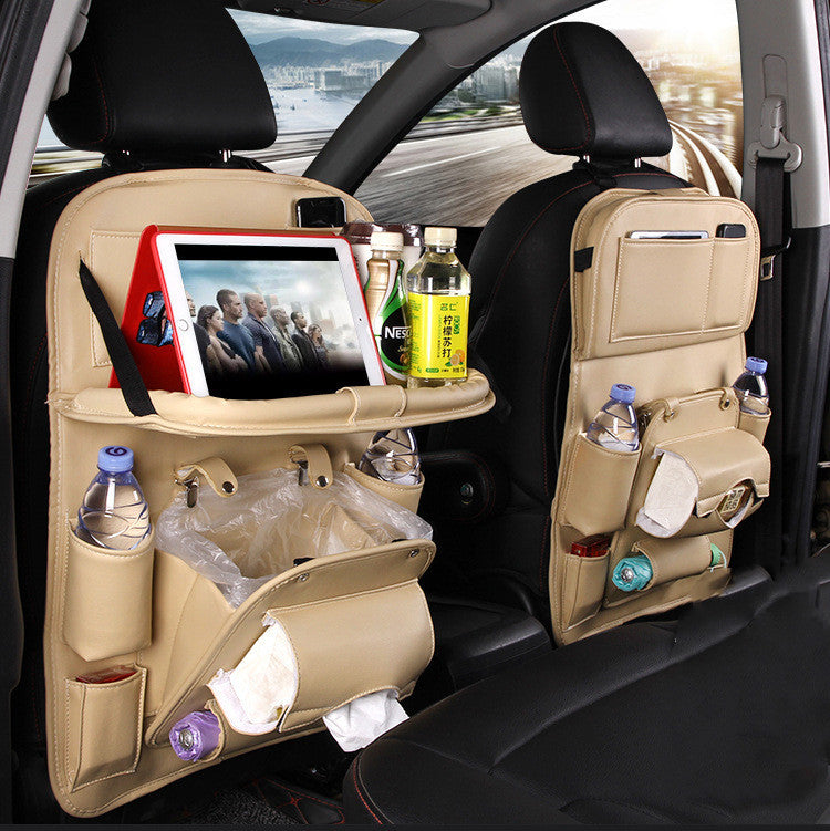 Car Storage PU Leather Bag Multifunction Seat Back Tray Hanging Bag Waterproof Car Organizer Automotive Interior Accessories Beige