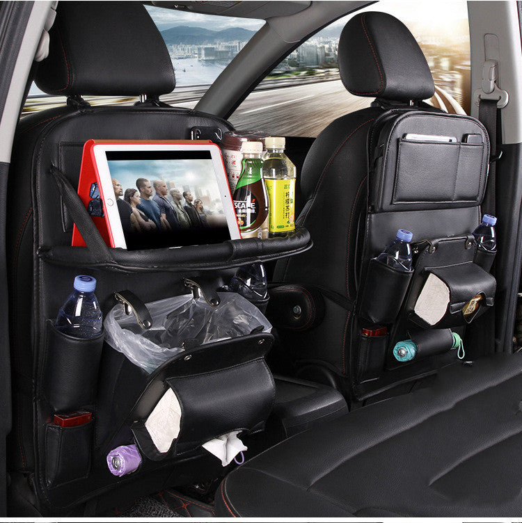 Car Storage PU Leather Bag Multifunction Seat Back Tray Hanging Bag Waterproof Car Organizer Automotive Interior Accessories Black