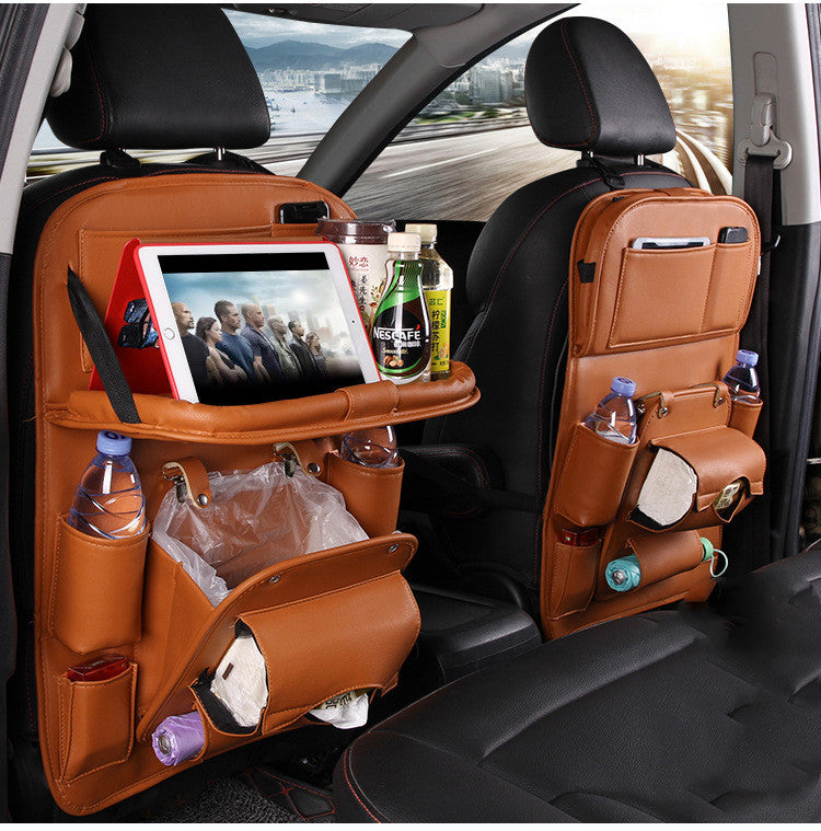 Car Storage PU Leather Bag Multifunction Seat Back Tray Hanging Bag Waterproof Car Organizer Automotive Interior Accessories