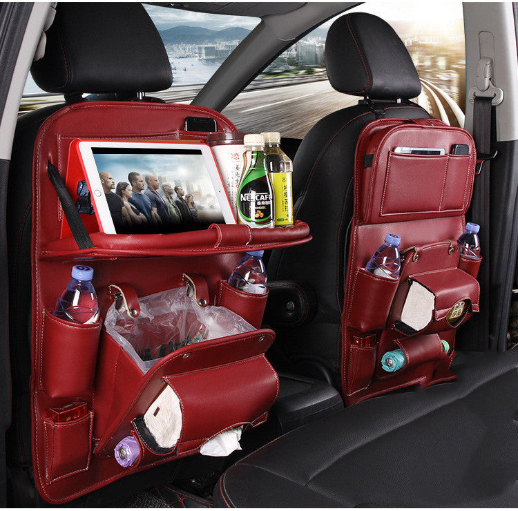 Car Storage PU Leather Bag Multifunction Seat Back Tray Hanging Bag Waterproof Car Organizer Automotive Interior Accessories Wine red