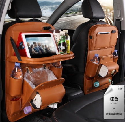 Car Storage PU Leather Bag Multifunction Seat Back Tray Hanging Bag Waterproof Car Organizer Automotive Interior Accessories Brown