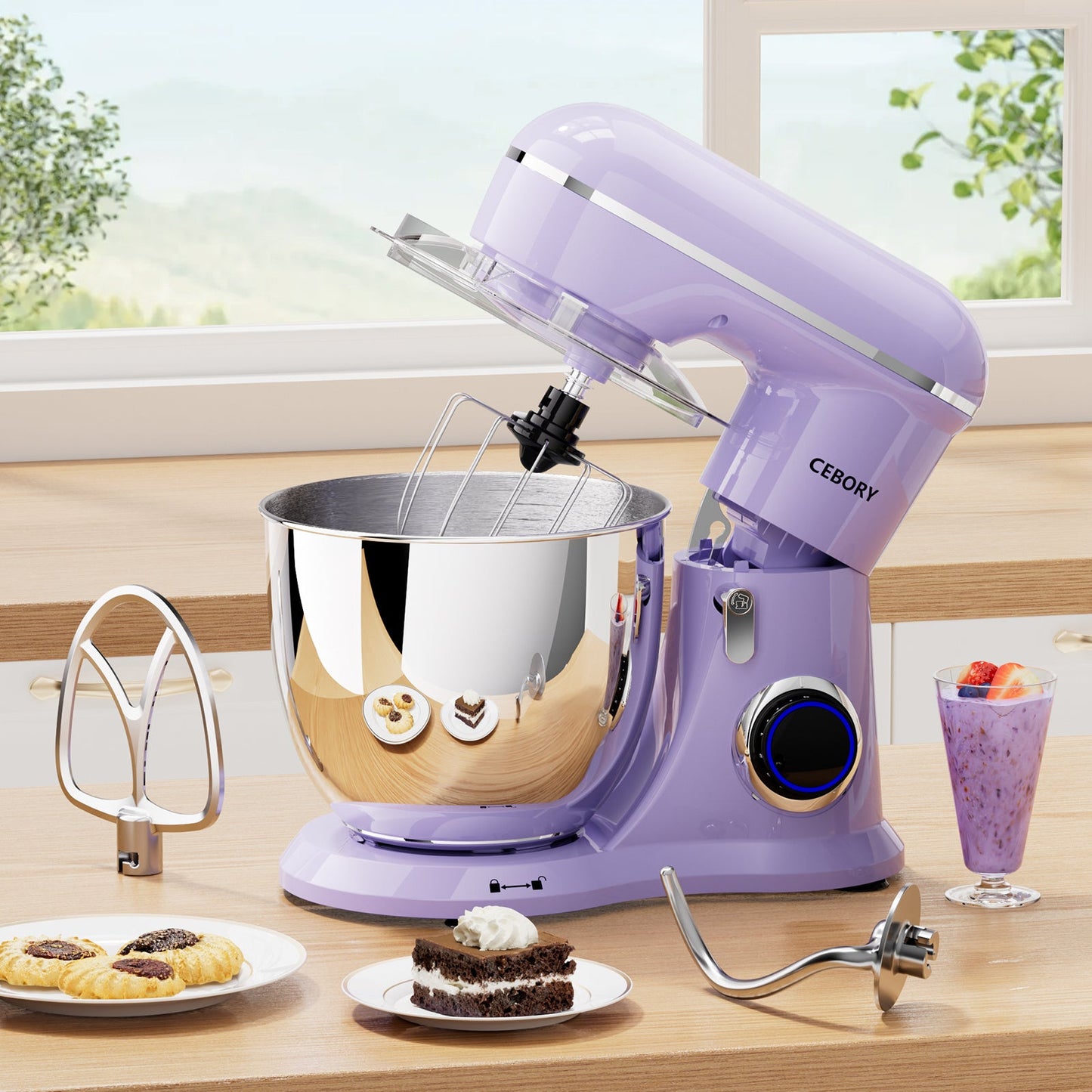 Electric Stand Mixer, 3 in 1 660W 10-Speed With Pulse Button, Attachments Include 6.5QT Bowl, Dough Hook, Beater, Whisk For Most Home Cooks, Almond Cream Vine Purple