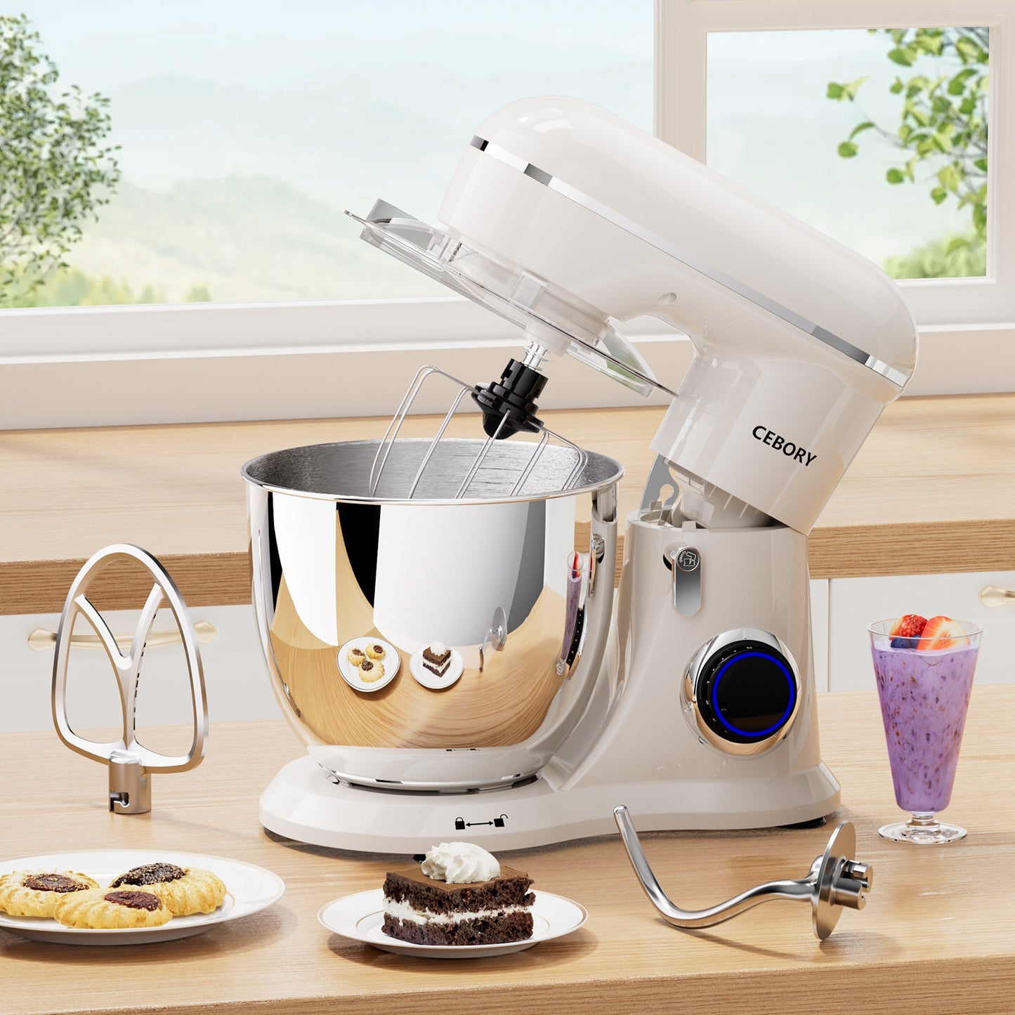 Electric Stand Mixer, 3 in 1 660W 10-Speed With Pulse Button, Attachments Include 6.5QT Bowl, Dough Hook, Beater, Whisk For Most Home Cooks, Almond Cream