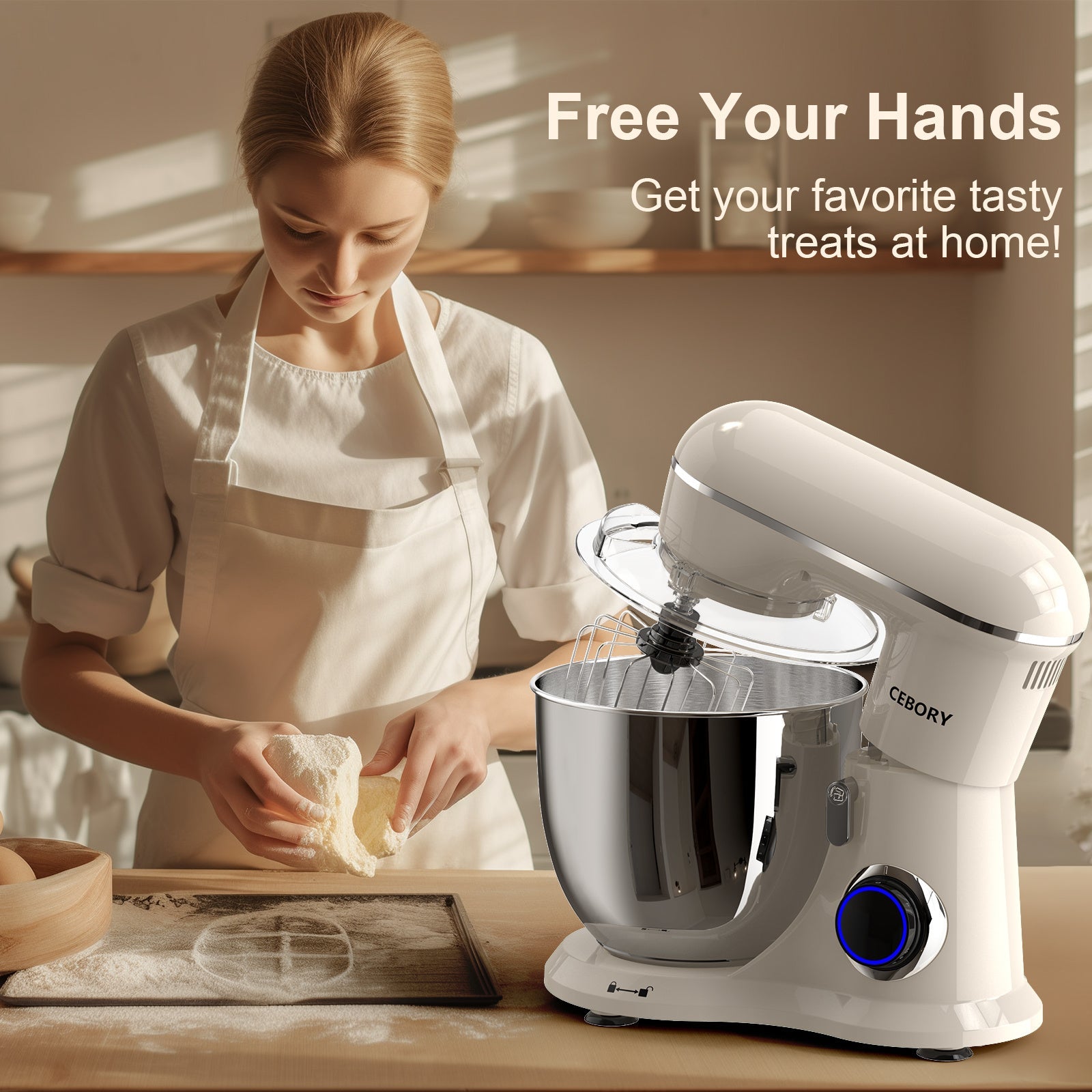 Electric Stand Mixer, 3 in 1 660W 10-Speed With Pulse Button, Attachments Include 6.5QT Bowl, Dough Hook, Beater, Whisk For Most Home Cooks, Almond Cream