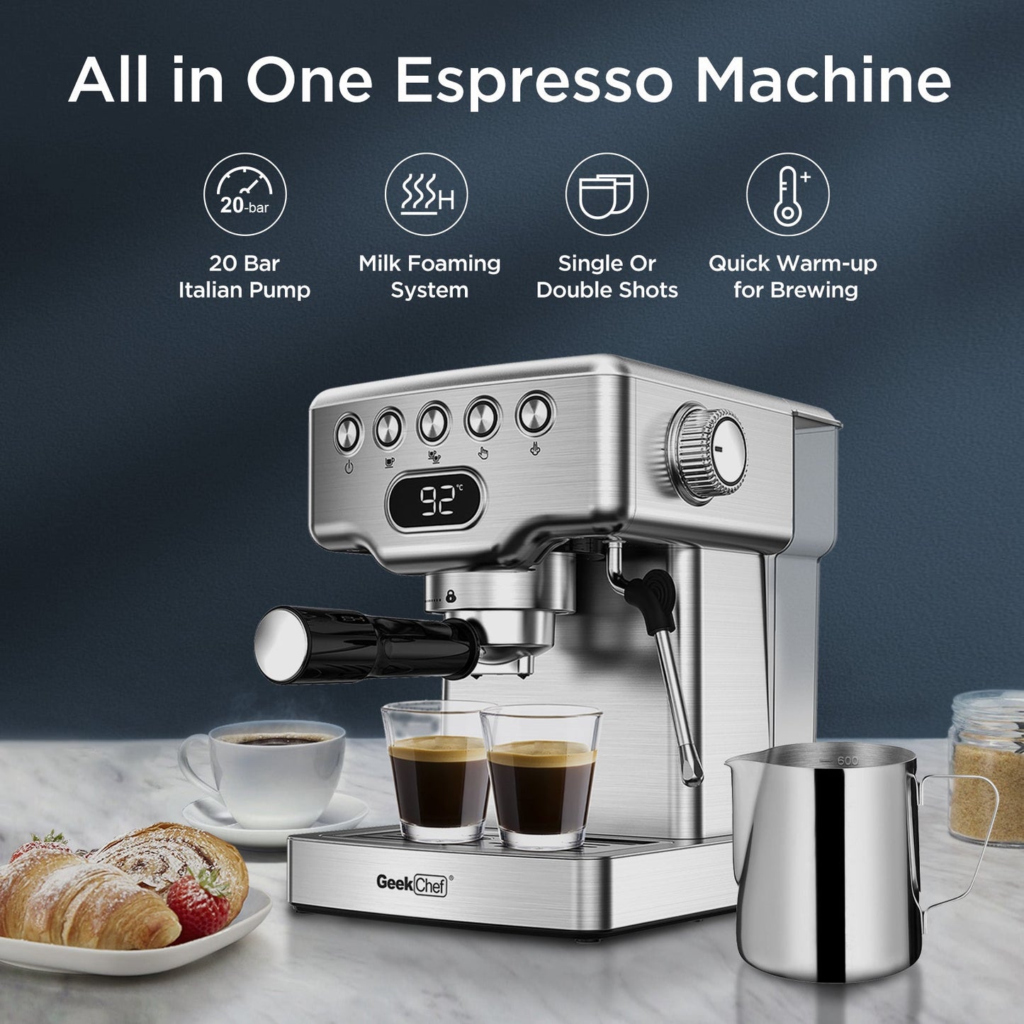 Geek Chef Espresso Machine, 20 Bar Espresso Machine With Milk Frother For Latte, Cappuccino, Macchiato, For Home Espresso Maker, 1.8L Water Tank, Stainless Steel, Ban On Amazon Default