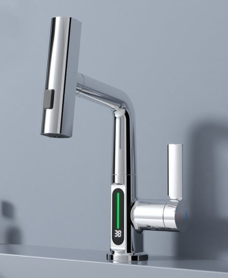 Intelligent Digital Display Faucet Pull-out Basin Faucet Temperature Digital Display Rotation Silver Digital Display