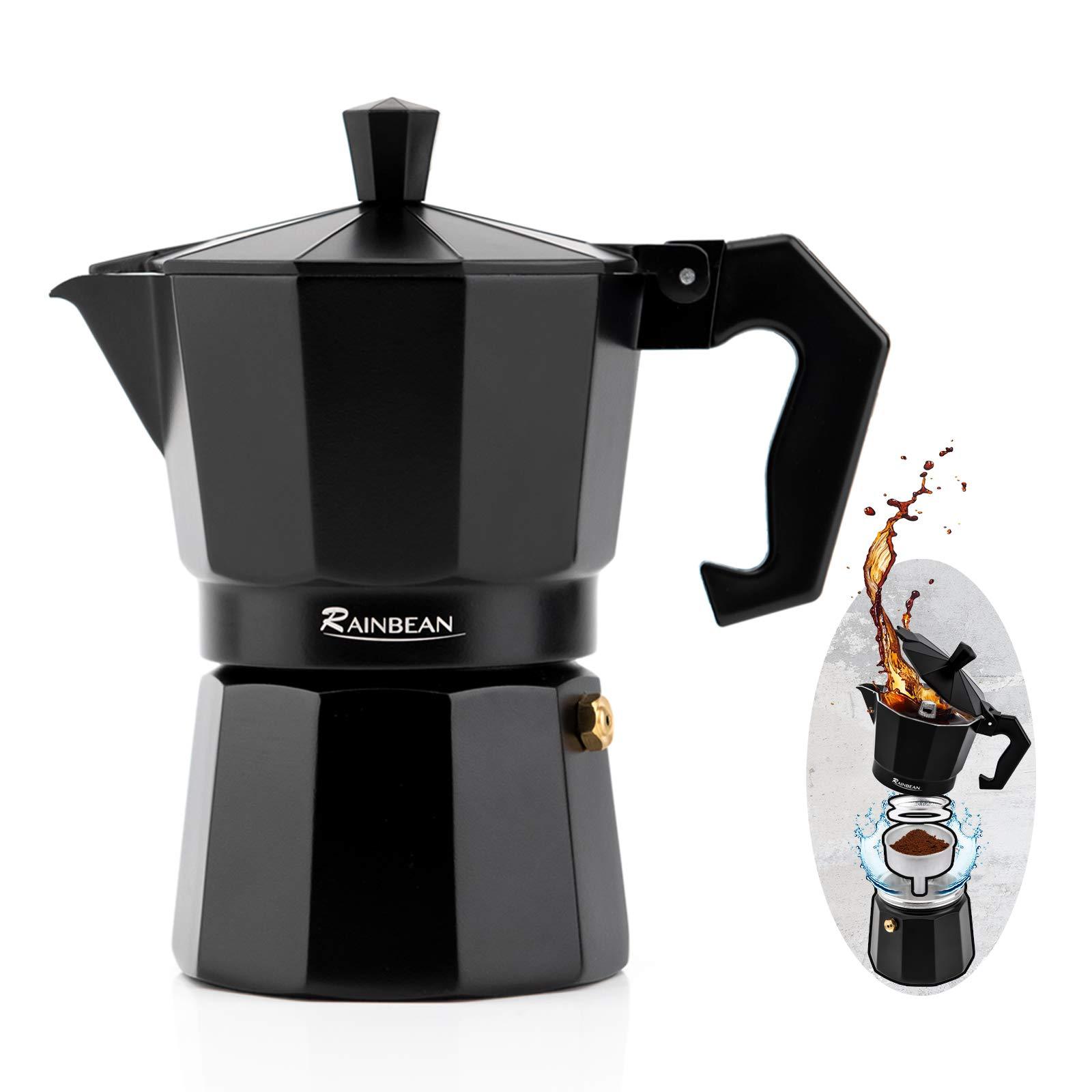 Stovetop Espresso Maker Espresso Cup Moka Pot Classic Cafe Maker Percolator Coffee Maker Italian Espresso for Gas or Electric Aluminum Black Gift package with 2 cups Amazon Platform Banned 3 cups